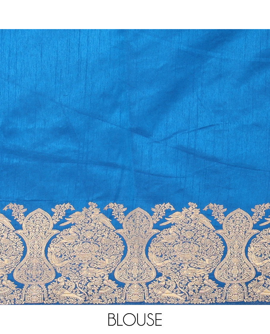 Peacock blue zari peacock butta dola raw silk saree with kancheepuram zari border with geometrical zari pallu along with plain blouse