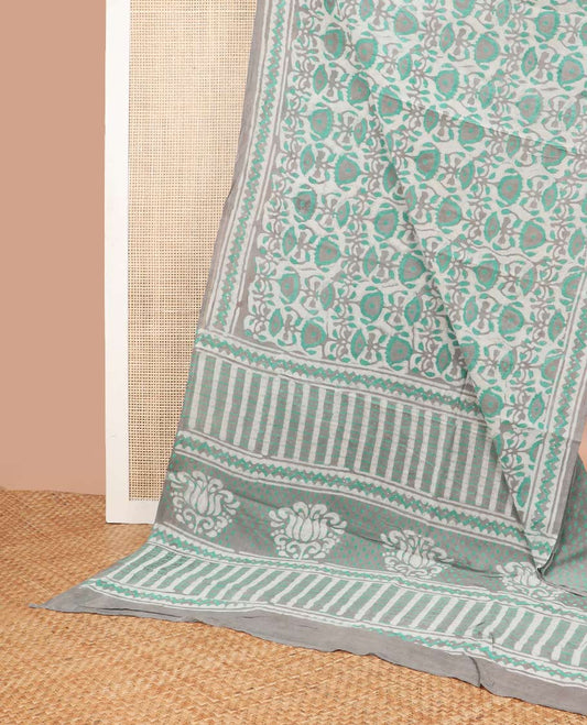 Cyan block floral  design mul mul cotton saree with contrast intricate design & floral motifs pallu