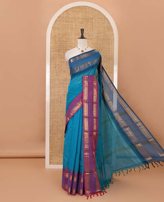 Blue buttas Chettinad cotton saree, contrast ganga jamuna rettai pettu traditional zari border, striped pallu & blouse of zari border