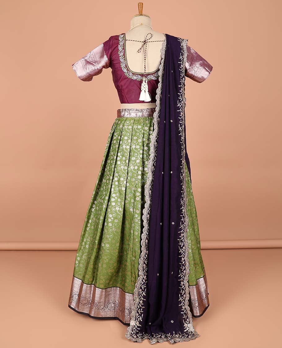 Green floral jacquard semi-stitched half saree with embroidered blouse & scallop border dhavani