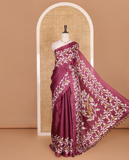 Wine plain khadi cotton saree, floral creeper printed border, and pallu with small buttas printed blouse