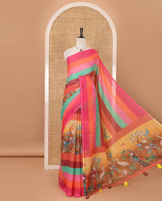 Borderless multi-color ombre striped & handpainting-style flora & birds printed linen cotton saree, Radha motif printed pallu & colorful striped blouse