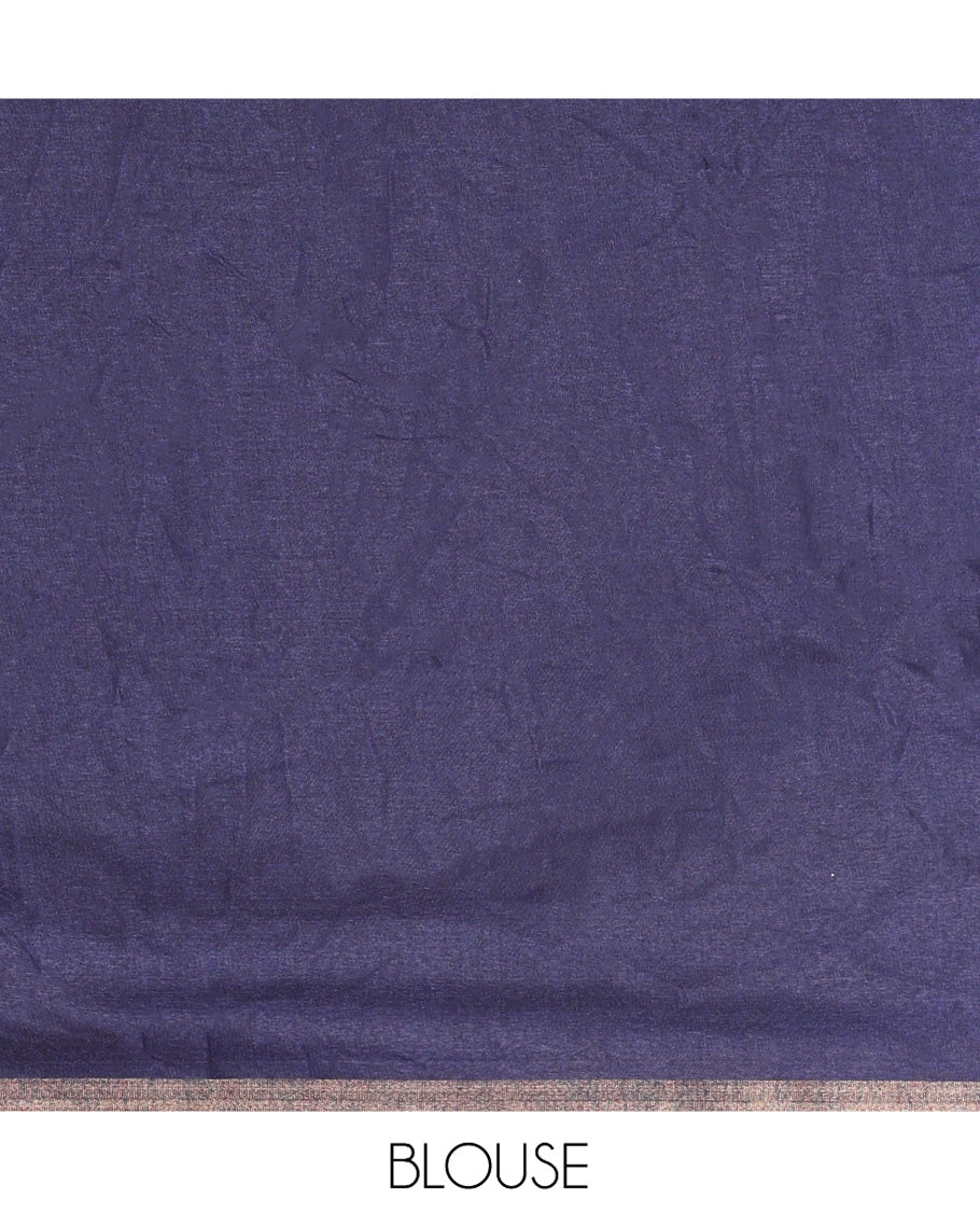 Navy Blue Malai Cotton Saree, Adorned with Handblock Print, a Contrast Border, Sparsely Pallu, Matching Blouse