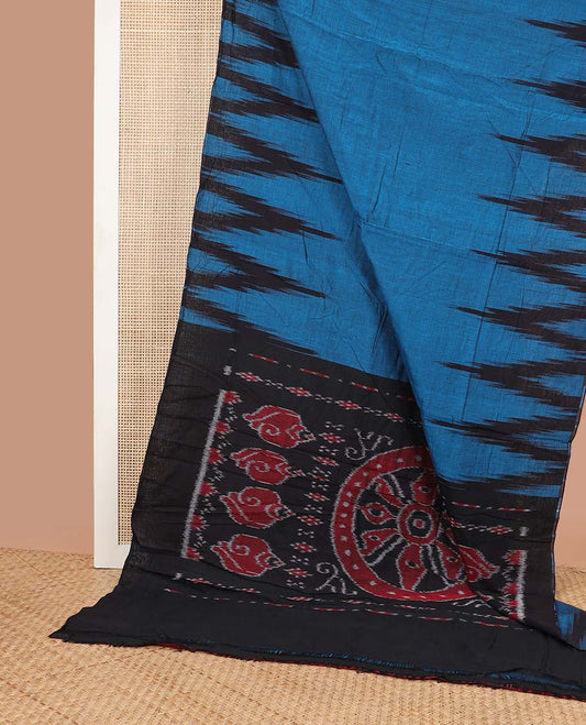 Blue ikkat cotton saree with self temple border & floral design pallu