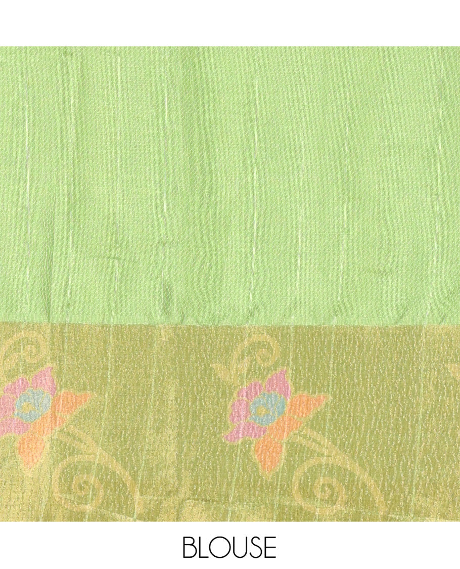Rama Manipuri Silk Saree, Adorned with Pochampally-Style Floral Vine, a Contrast Floral Creeper Border, Floral Pallu, a Contrast Blouse