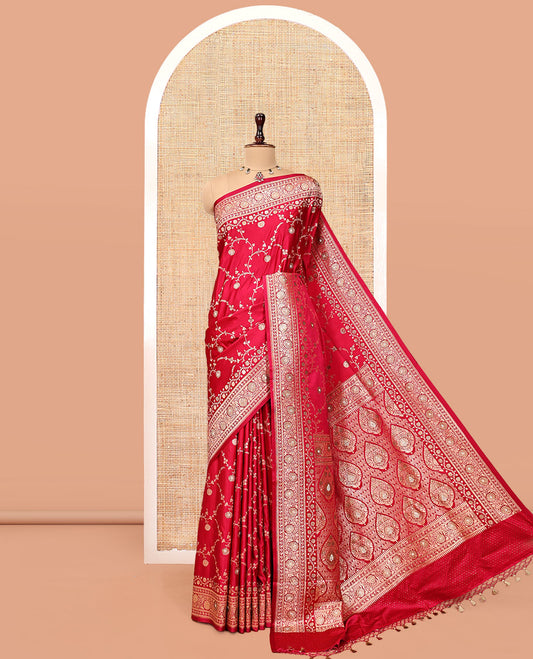 Pink Banarasi Satin Saree, Adorned with Floral Jaal Jacquard, a Floral Creeper Border, Intricate Stonework Pallu, and a Matching Blouse