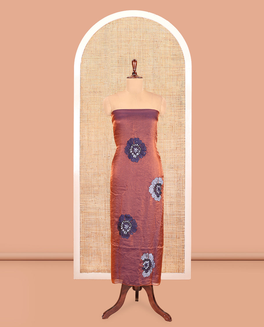 Wine Velvet Organza Designer Material Chudidar, Floral Embroidery Top, Plain Bottom, Rose Printed Dupatta