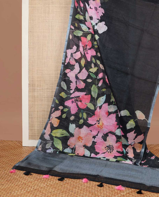 Black floral design kota cotton saree with self zzari border & striped pallu