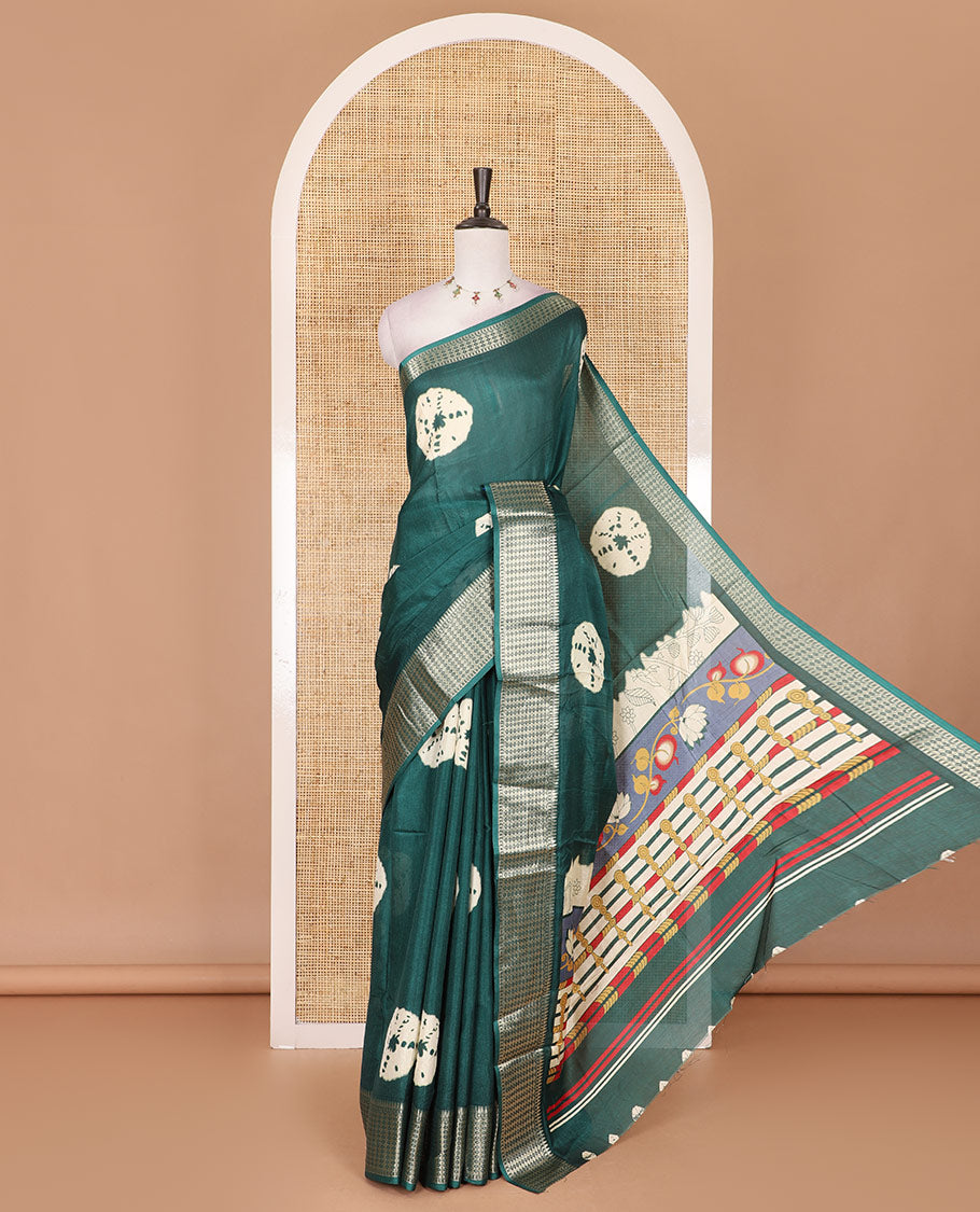 Green shibori printed dola silk saree, traditional zari border, printed pallu, and blouse of print, and zari work