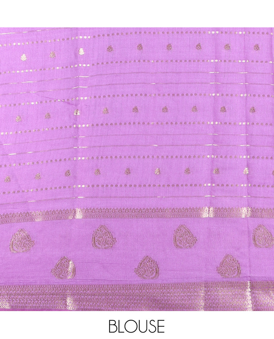 Lavender Assam Silk Saree, Enriched with Zari Designs, a Traditional Zari Border, Striped Pallu, and a Matching Blouse