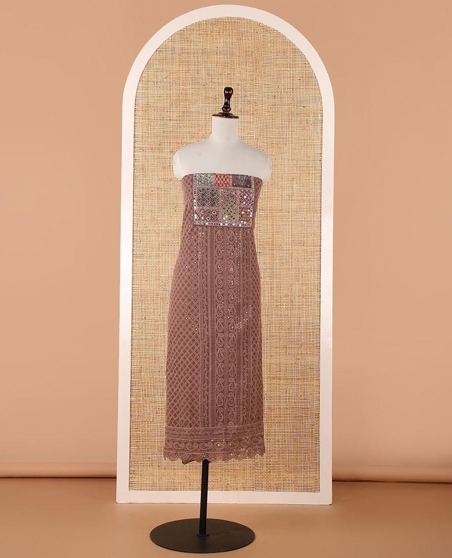 Brown churidar material set, Ajrakh-printed neck with Schiffli embroidery & mirror work georgette top, kalidoscopic-colored dupatta of ajrakh print & mirror embroidery & plain crepe bottom