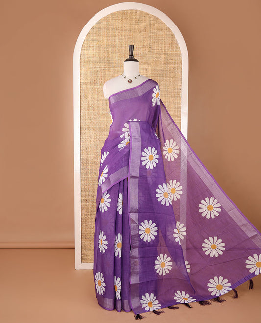 Purple sunflower motif printed linen saree, silver zari plain border & small sunflower motif print blouse