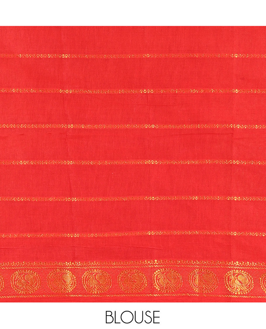 Red Plain Sungudi Cotton Saree, Highlighted by Traditional Rettai Pettu Rudraksham Border, Striped Pallu, and a Matching Blouse