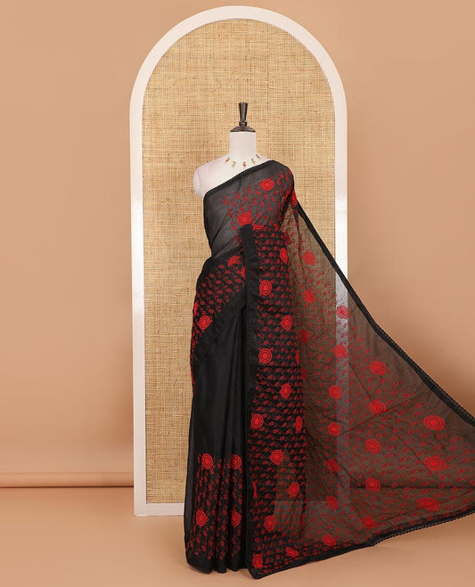 Black all-over red thread floral vine and chakram motifs embroidered Kota chex saree, lace border, and plain black blouse