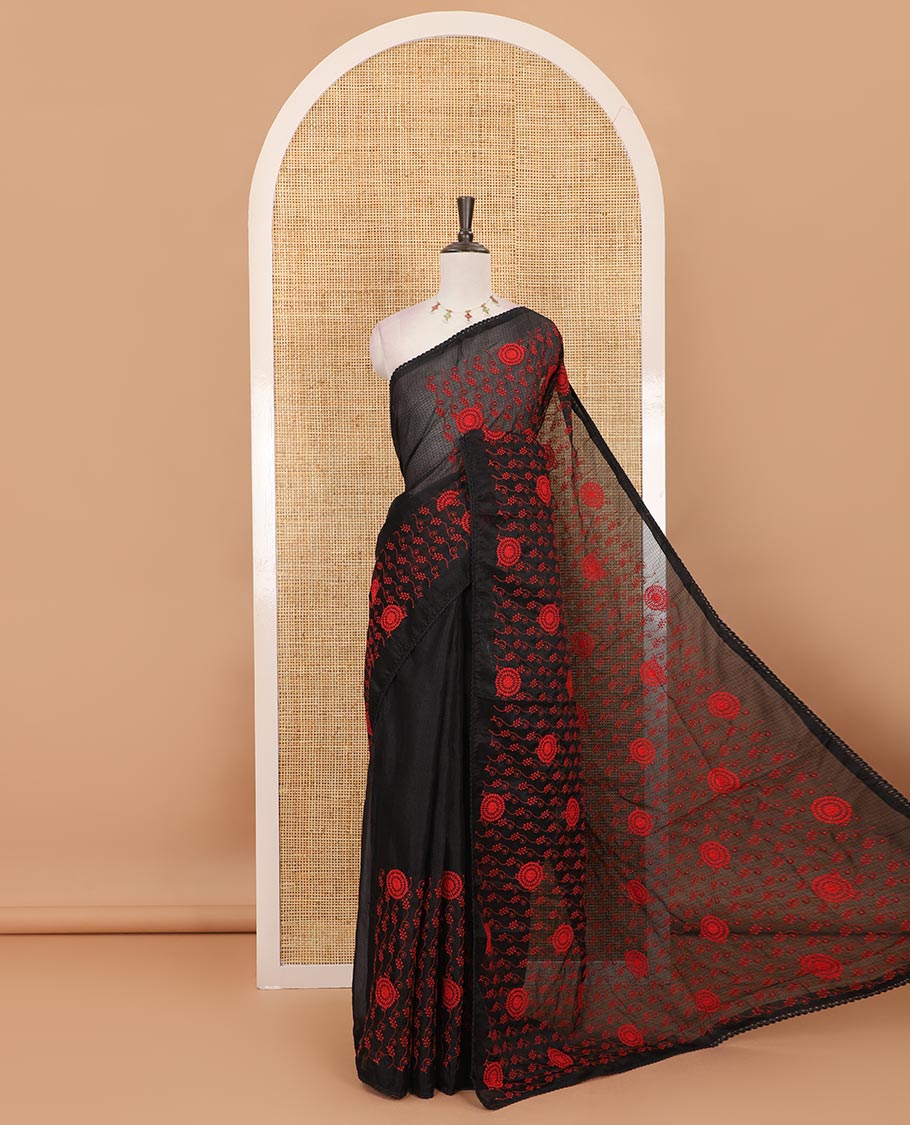 Black all-over red thread floral vine and chakram motifs embroidered Kota chex saree, lace border, and plain black blouse