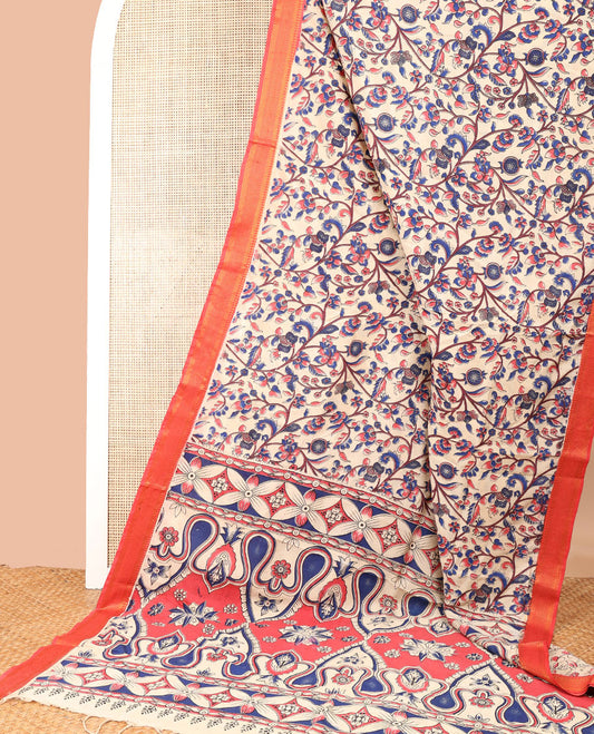 Cream all-over floral machine-printed kalamkari cotton saree with contrast border of zari design