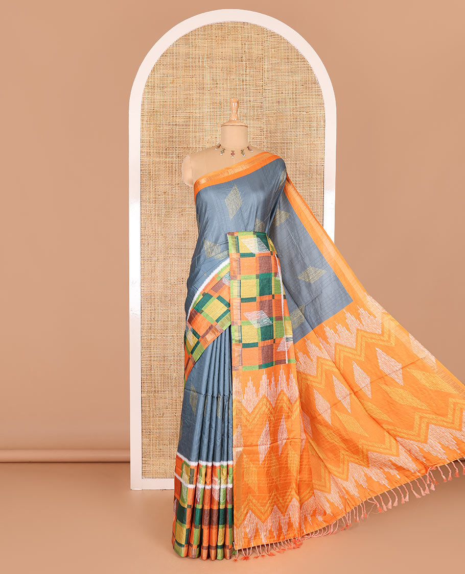 Grey diamond motifs printed katan silk saree, contrast checked border of diamonds buttas, geometric printed pallu, and a contrast blouse