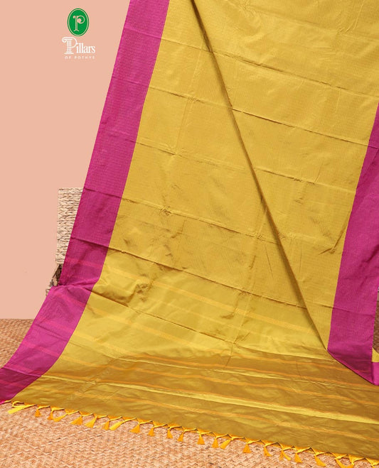 Mustard  allover vari ousi zari checks bhavasha silk saree with velthari design border & self lining, tussels pallu along with contrast plain blouse