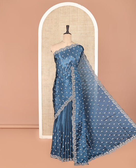 Grey Designer Saree, Finely Crafted with Micro-Stone Work, Scallop Micro-Stone Work Border, a Self-Pallu, and Matching Blouse