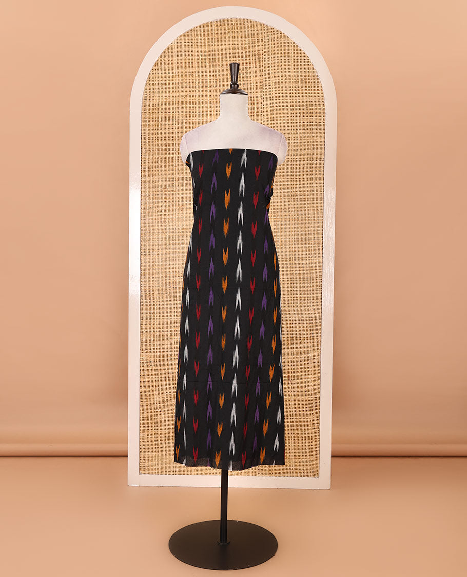 Black material chudidar set, multi-color buttas woven pochampally pure ikkat cotton top, contrast cream bottom & ikkat motifs cotton dupatta