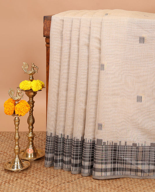 Cream with black zari resam thread butta munga jute cotton saree with thread weaving pallu along with thread weaving blouse