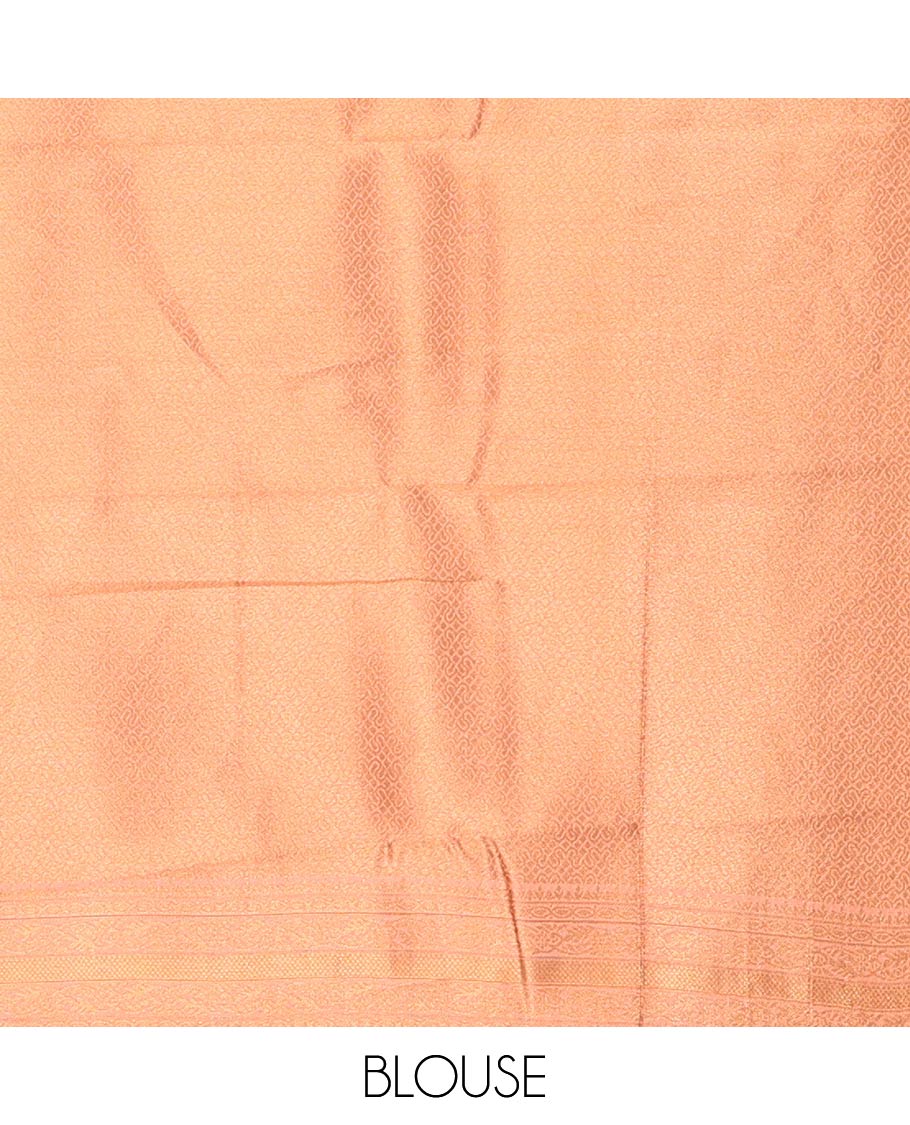 Brown-Peach Kanchi Silk Saree, Adorned with Zari Buttas All Over Its Body, Complemented by Contrast Traditional Zari Border of Wedding Theme Motifs, Grand Pallu and Paired with a Contrast Blouse
