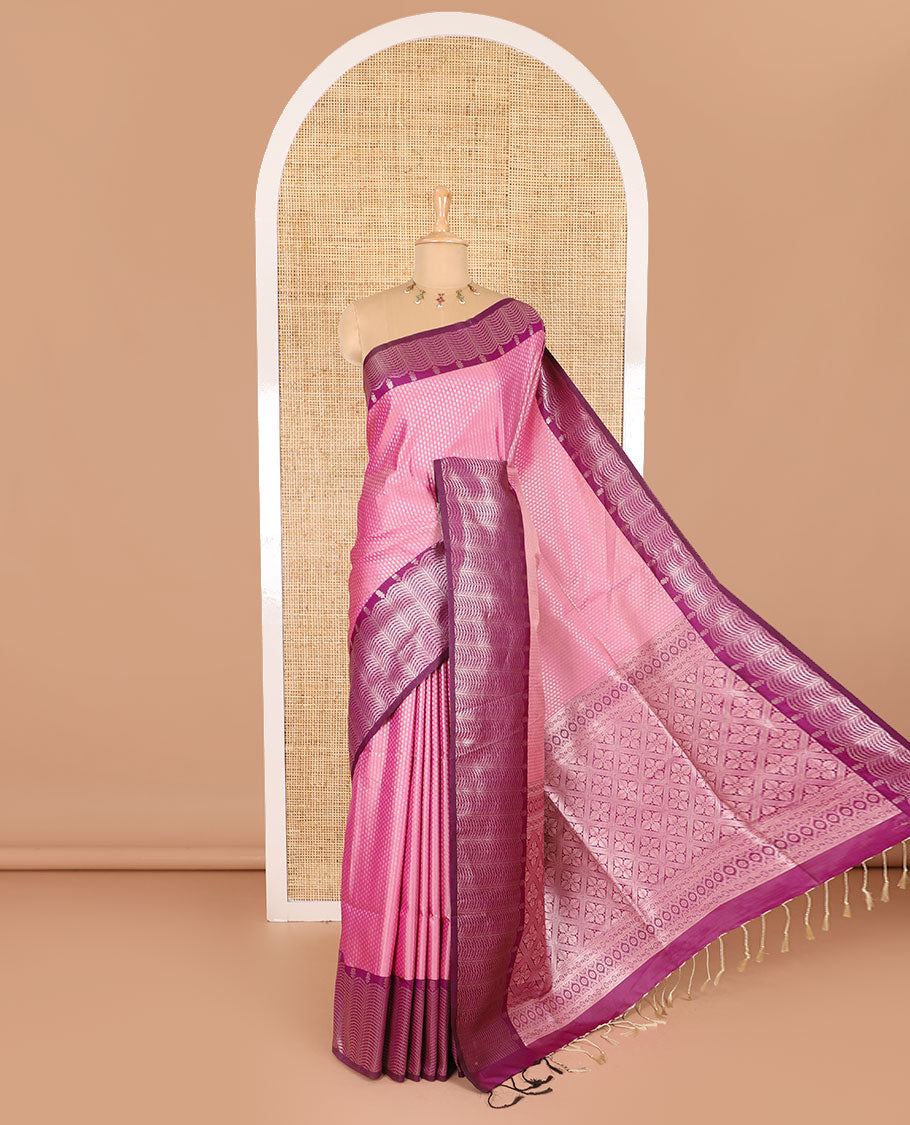 Baby pink small zari buttas woven elite soft silk saree, contrast zari woven scallop satin border, jaal pallu, and a contrast chakram zari motifs blouse