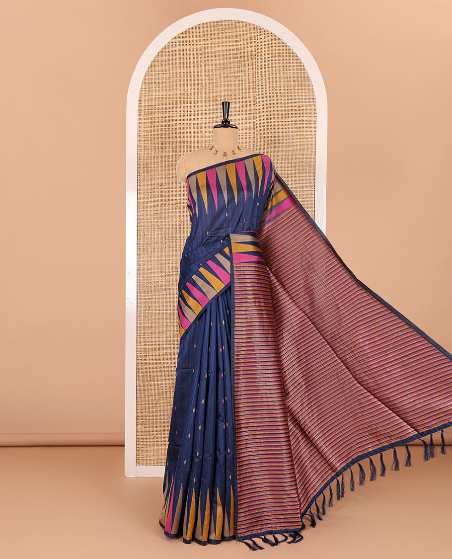 Blue thread buttas woven jute cotton saree, multi-color temple border, striped pallu, and a matching striped blouse