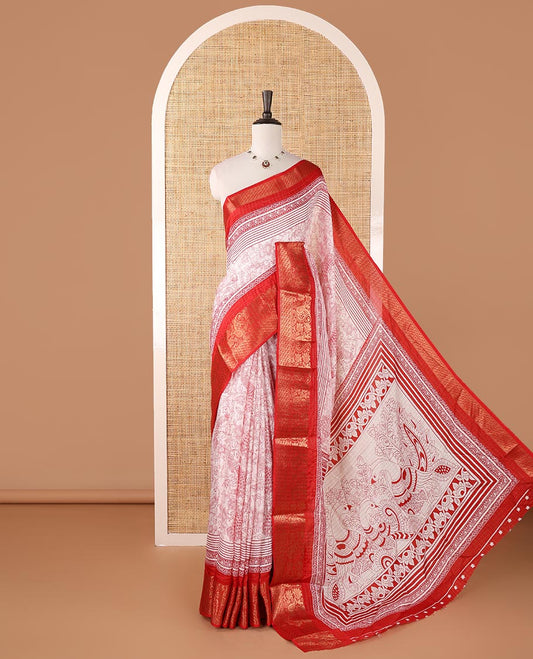 Cream checked & kalamkari-floral & bird dola silk saree, contrast traditional zari red border, kalamkari bird print pallu & printed blouse