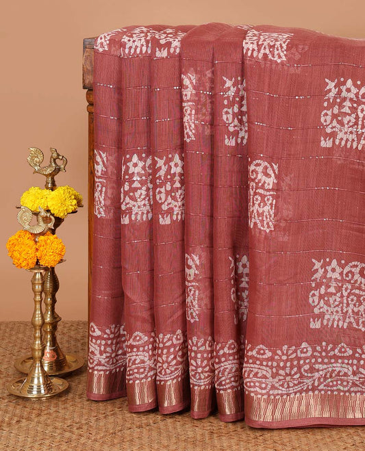 Brown pathik print, sequins work soft cotton saree with zari border & pathik printed pallu along with pathik printed blouse