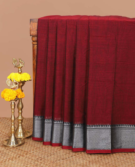 Maroon narayanapet cotton saree with zari thread temple cheer border & striped pallu along with running blouse