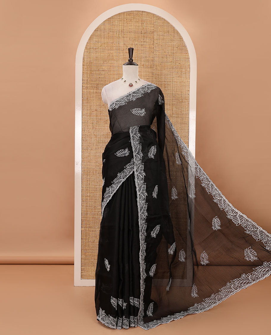 Black leaf motifs embroidered kota checks saree, leaf embroidered scallop border & embroidered pallu & matching thread embroidered blouse