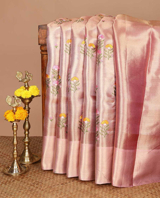 Pink floral embroidery tissue celebrity saree with pavanchi border & rich pallu along with tissue blouse