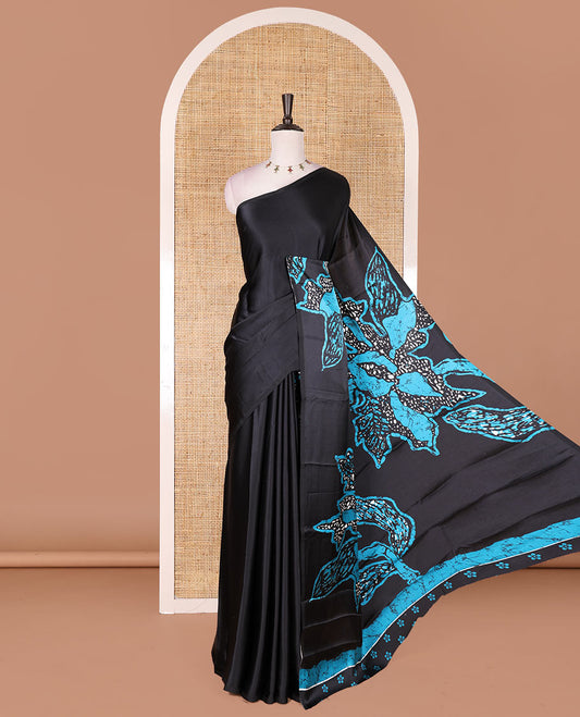 Borderless black-rama blue batik style abstract digital printed satin crepe saree with blouse of small buttas