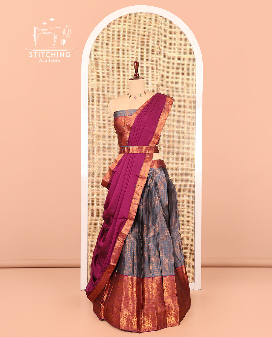 Grey-Wine Semi-Banarasi Half-Saree Features Jacquard Skirt, Contrast Traditional Border, Matching Blouse, and Syska Georgette Dhavani