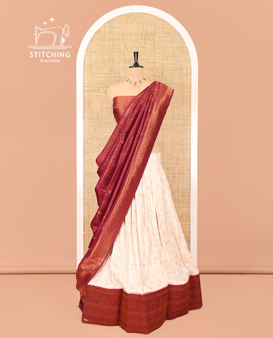 Cream-Wine Banarasi Softy Half-Saree Features Jacquard, Contrast Traditional Border, Jacquard Blouse, Intricate Dhavani
