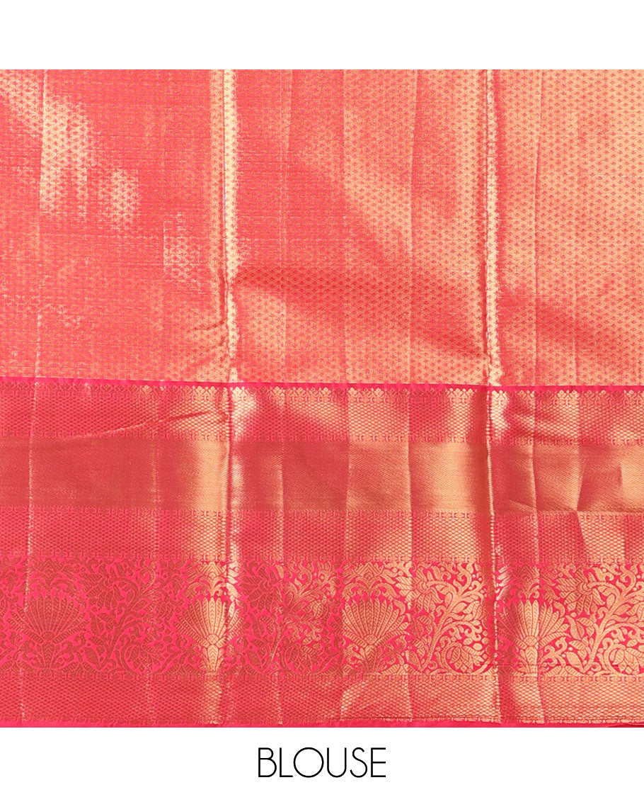 Green jacquard budget silk saree with contrast traditional saree & floral buttas , striped pallu