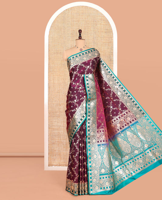 Purple Banarasi Nylon Silk Saree, Adorned with Jacquard, Contrast Floral Creeper Zari Border, Intricate Pallu, and a Contrast Blouse