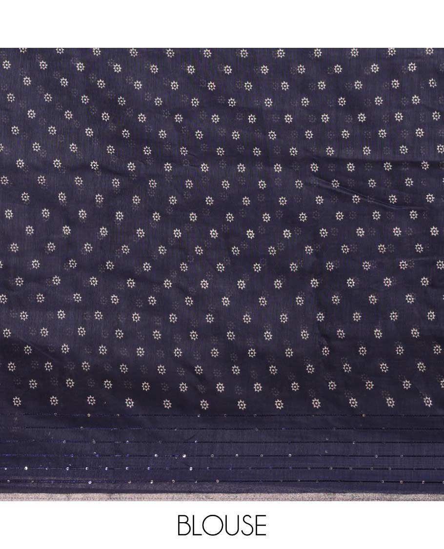 navy blue worli printed soft mercerised cotton saree with sequins work border & printed pallu along with butta design blouse