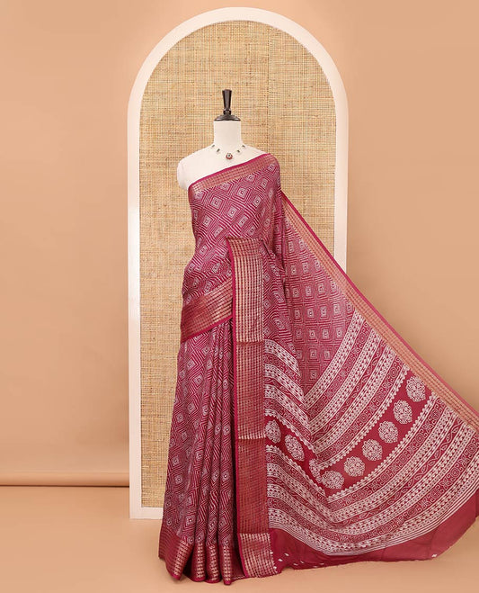 Maroon bandhani printed viscose moss chiffon saree, zari design border, floral-geometric printed pallu & diamond motif printed blouse