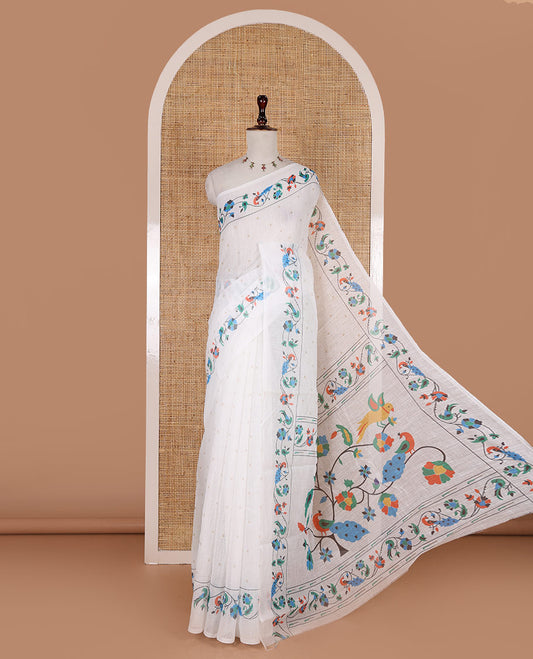 White buttas linen cotton saree, self-border of floral and peacock motifs paithani style printed border, pallu and plain blouse