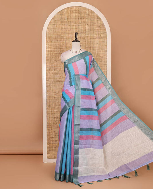 Multi-hue stripes-block linen  saree, zari bavanji border, plain pallu & printed blouse