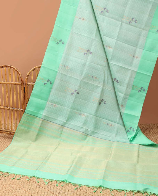 Blue striped soft silk saree with buttas, contrast floral design border & pallu of intricate designs