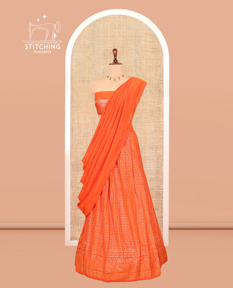 Orange Vichitra Silk Half Saree with Zari Checks, a Traditional Zari Border, Matching Blouse and a Dhavani