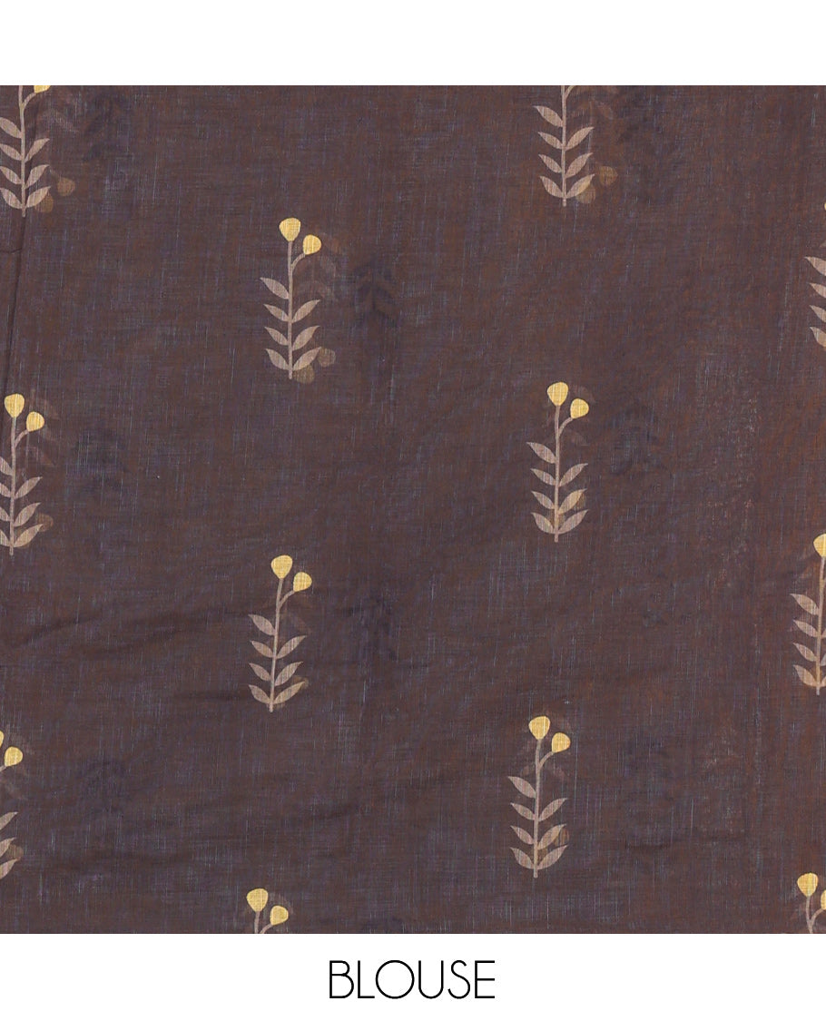 Borderless Yellow Linen Cotton Saree, Adorned with Leaf Print, a Contrast Leaf-Printed Pallu, and Contrast Blouse