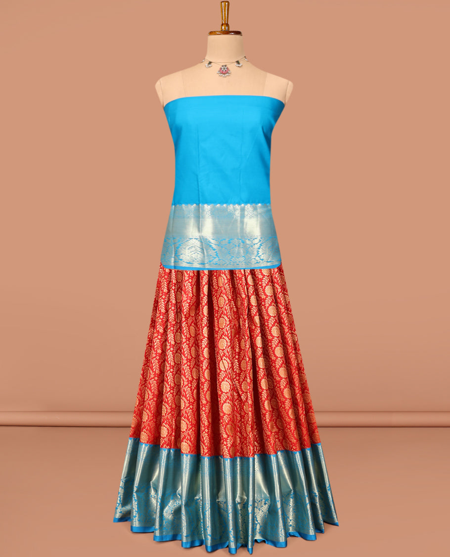 Red Art Silk Material Half Saree Set Featuring Jacquard Skirt, a Contrast Traditional Zari Design Border, Contrast Blouse, and Zari Designs Dhavani