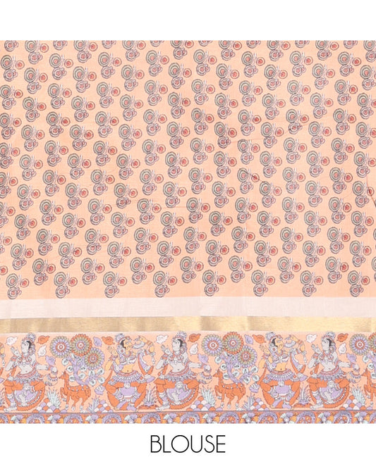 Cream kalamkari printed dola saree with kalamkari printed border & kalamkari fancy pallu along with printed blouse