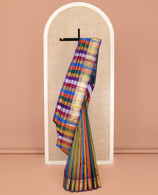 Multi-Color Kanchipuram Silk Saree, Embellished with Stripes and Zari Buttas on Its Body, Highlighted by One-Sided Zari Border of Thilakam Mokku, Banaras, Muthu, and Jaal Designs, Pallu Features Zari Designs, and Comes Without a Blouse