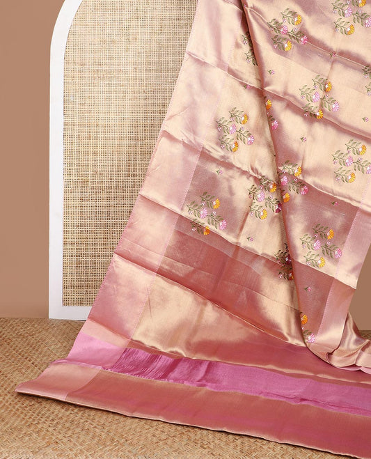 Pink floral embroidery tissue celebrity saree with pavanchi border & rich pallu along with tissue blouse