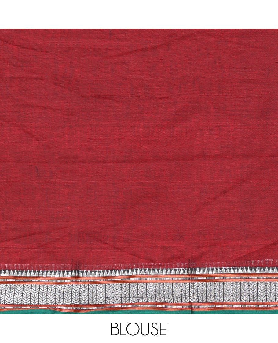 Maroon Cotton Half-Saree Features Plain Skirt, a Contrast Traditional Border, a Matching Blouse, and a Contrast Dhavani